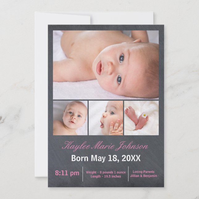 4 Photos Collage Chalkboard - Birth Announcement (Front)