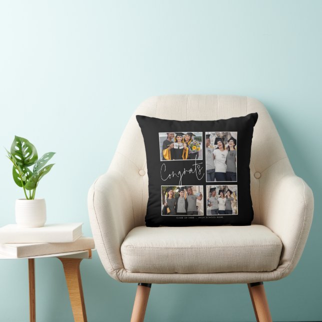 4 Photos Collage Congrats Graduate Friends Black Throw Pillow (Chair)