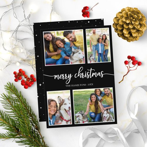 4 Photos Collage Cute Merry Christmas Black Invitation