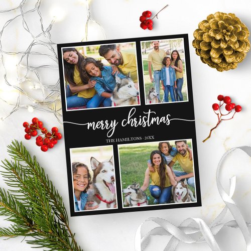 4 Photos Collage Cute Merry Christmas Black Postcard