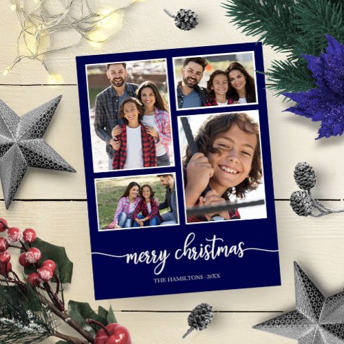 4 Photos Collage Elegant Merry Christmas Blue Postcard