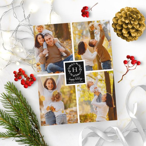 4 Photos Collage Happy Holidays Christmas Black Postcard