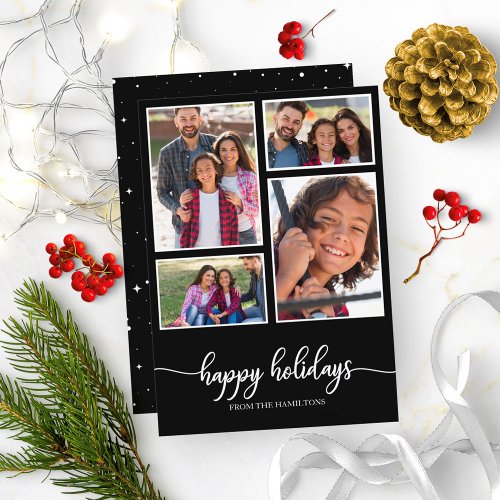 4 Photos Collage Happy Holidays Modern Black Invitation