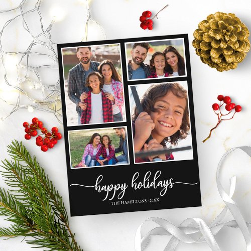 4 Photos Collage Happy Holidays Modern Black Postcard