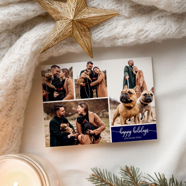 4 Photos Collage Happy Holidays Modern Navy Blue Postcard (Creator Uploaded)