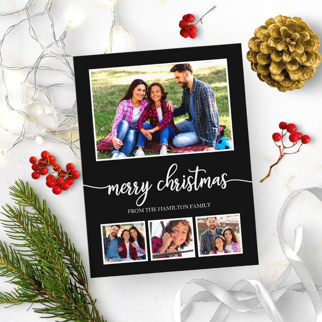 4 Photos Collage Merry Christmas Modern Black Postcard (Creator Uploaded)