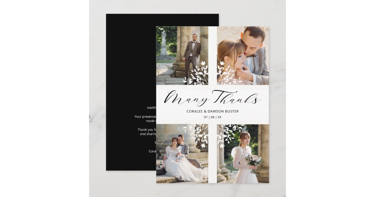 4 Photos Collage Minimalist Branches Wedding Thank You Card | Zazzle