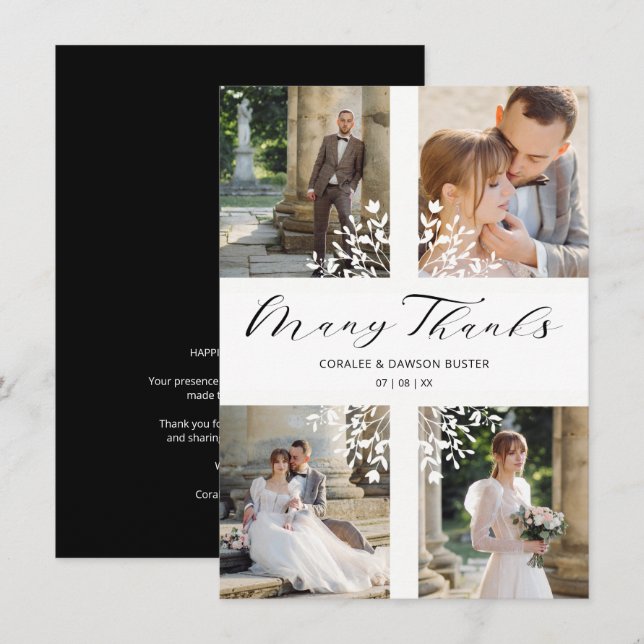 4 Photos Collage Minimalist Branches Wedding Thank You Card (Front/Back)