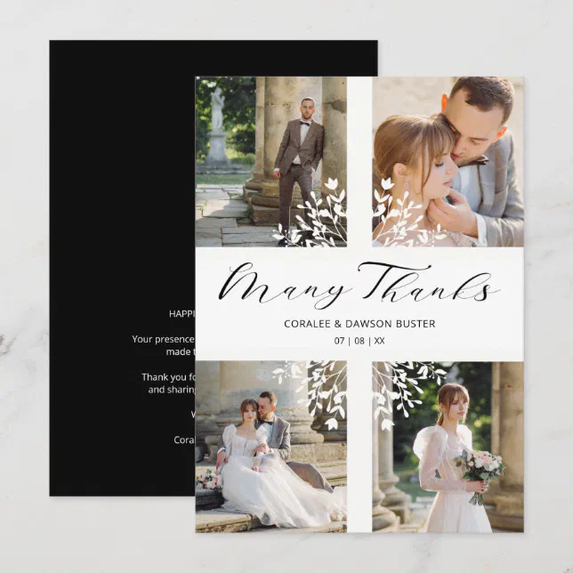 4 Photos Collage Minimalist Branches Wedding Thank You Card | Zazzle