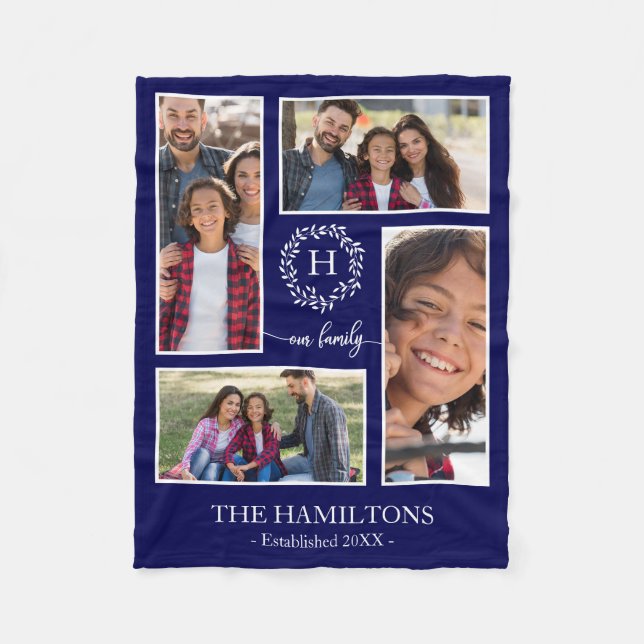 4 Photos Collage Monogram Family Photo Home Decor Fleece Blanket (Front)