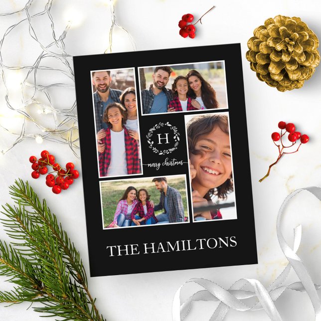 4 Photos Collage Monogram Merry Christmas Black Postcard (Creator Uploaded)