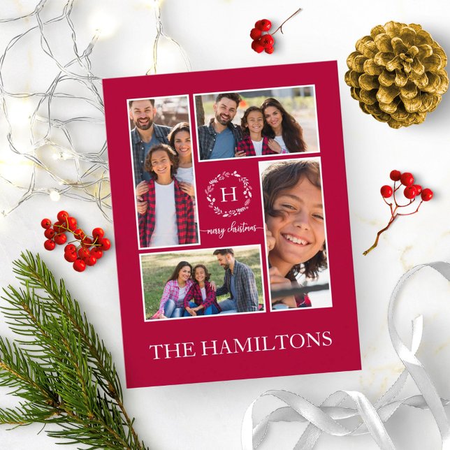 4 Photos Collage Monogram Merry Christmas Holidays Postcard (Creator Uploaded)