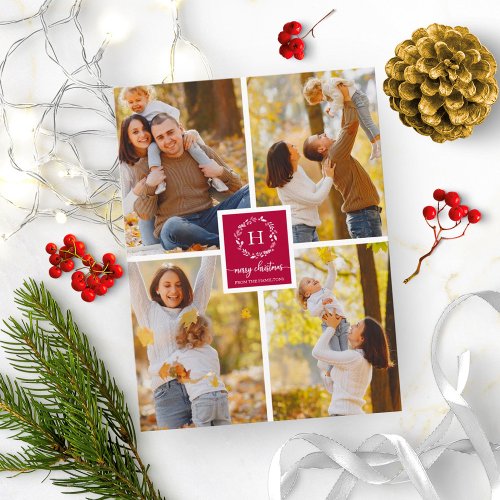 4 Photos Collage Monogram Merry Christmas Holidays Postcard