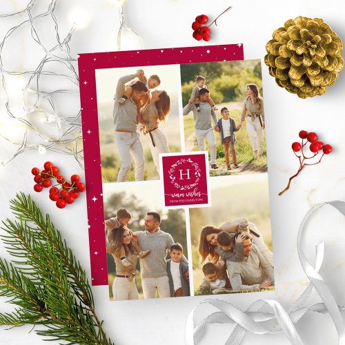 4 Photos Collage Warm Wishes Christmas Monogram Invitation