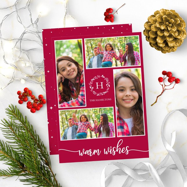 4 Photos Collage Warm Wishes Christmas Monogram Invitation (Creator Uploaded)