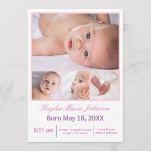 4 Photos Collage White/Pink - Birth Announcement