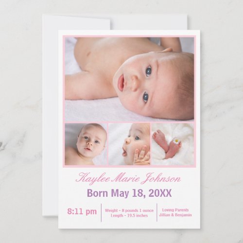 4 Photos Collage WhitePink _ Birth Announcement