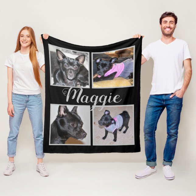 4 Photos Customizable | Black Fleece Dog Blanket (In Situ)