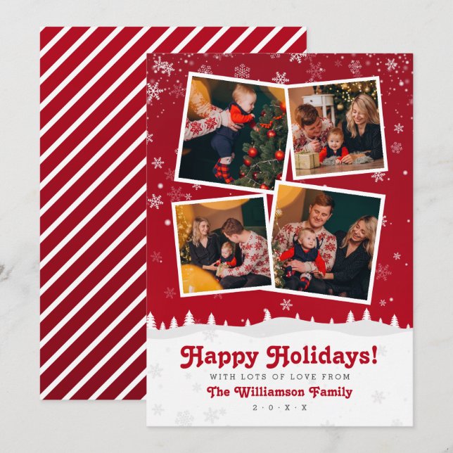 4 Photos | Cute Red & White Christmas Trees & Snow Invitation (Front/Back)