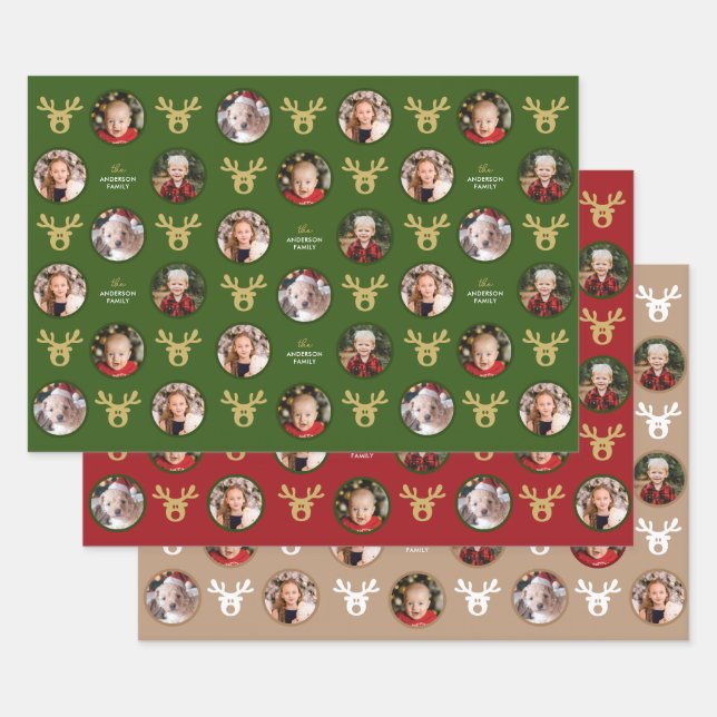 4 Photos Cute Reindeer Family Christmas  Wrapping Paper Sheets (Set)