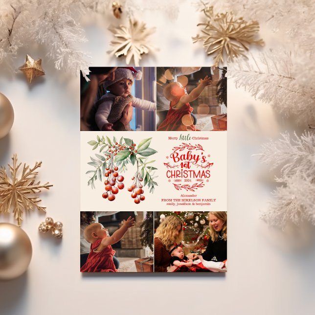 4 Photos Elegant Floral Baby's First Christmas Holiday Card (Creator Uploaded)