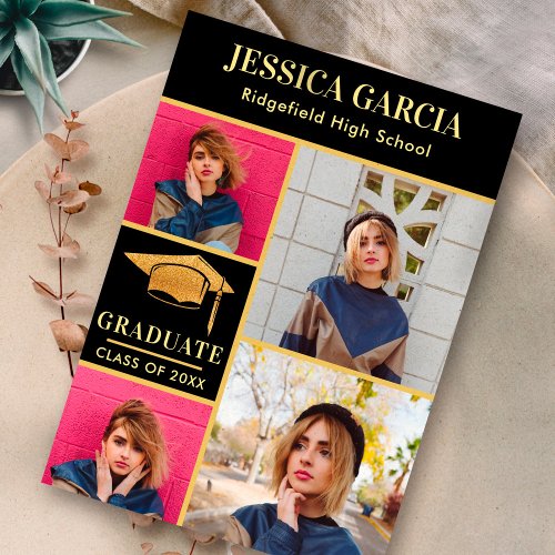 4 Photos Elegant Graduation With Golden Script Hat Announcement