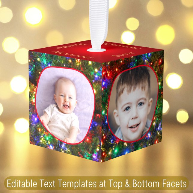4 Photos Family Name Est. Bokeh Christmas Lights Cube Ornament (Creator Uploaded)