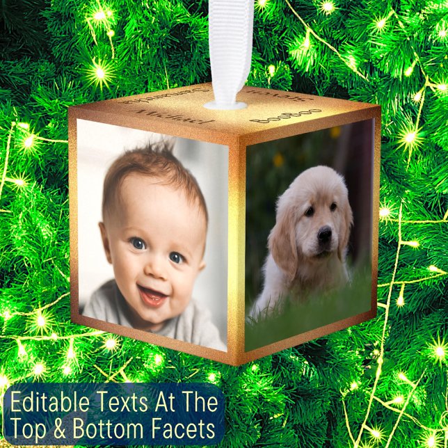 4 Photos Gold Frame Family Name Elegant Keepsake Cube Ornament (Creator Uploaded)