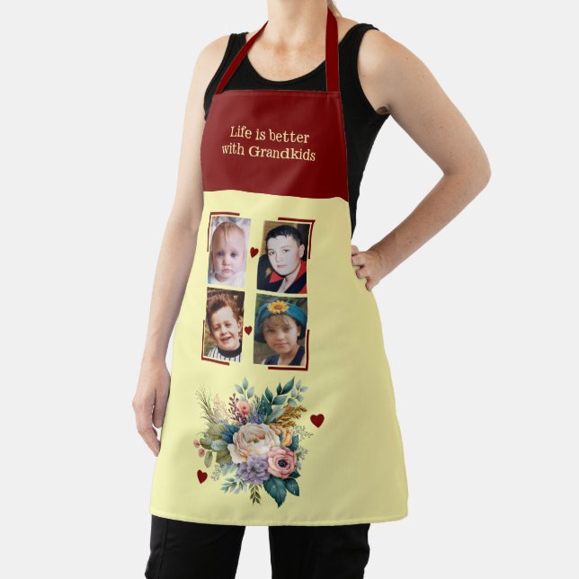 4 photos grandchildren floral burgundy apron (Insitu)