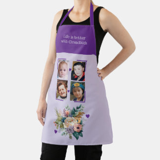 4 photos grandchildren floral purple apron