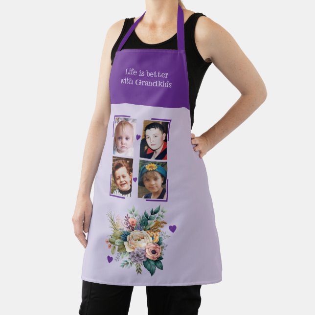 4 photos grandchildren floral purple apron (Insitu)