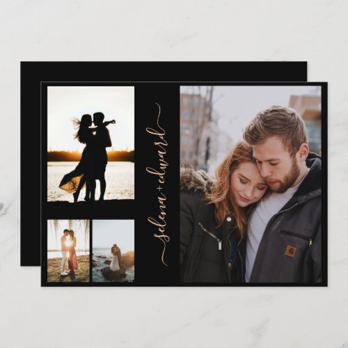 4 Photos Grid Black Gold Script Wedding Invitation