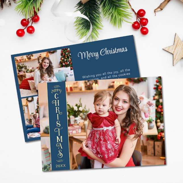 4 photos Merry Christmas blue family gold Foil Holiday Card (Creator Uploaded)
