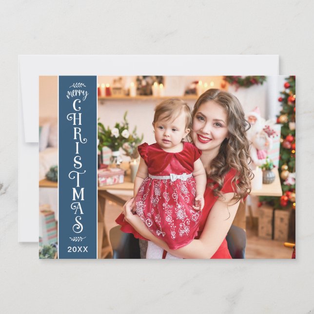 4 photos Merry Christmas blue family Holiday Card (Front)