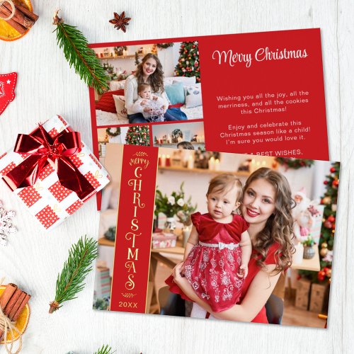 4 photos Merry Christmas red family gold Foil Holiday Card