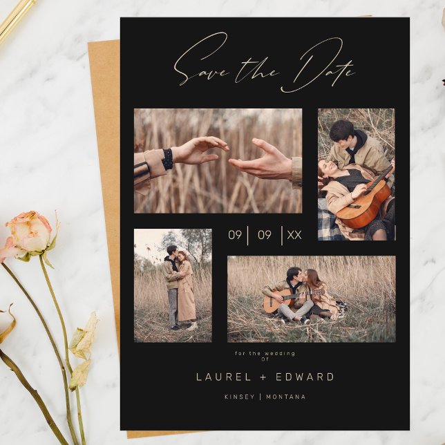 4 Photos Modern Collage Wedding Wimshical Script Save The Date (Creator Uploaded)