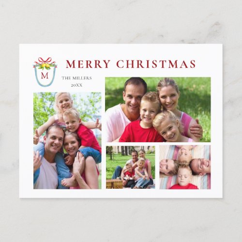 4 Photos Monogrammed Crest Christmas  Holiday Postcard