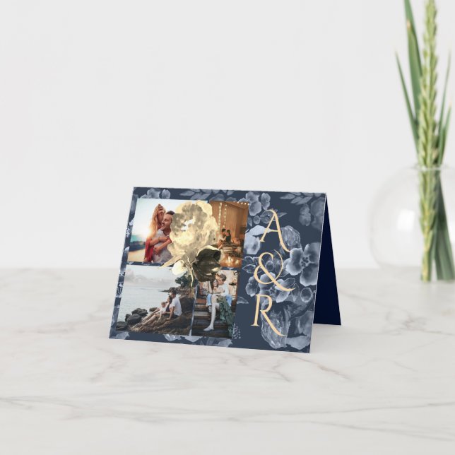 4 Photos Navy Blue and Golden Floral Wedding Invitation (Front)