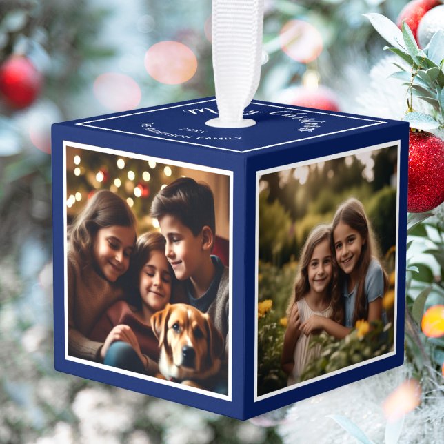 4 Photos Personalized Christmas Keepsake Dark Blue Cube Ornament (A dark blue Christmas cube ornament to personalize with photographs and your familiy name)