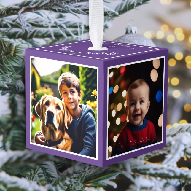 4 Photos Personalized Christmas Keepsake Purple Cube Ornament (A purple cube ornament for the Christmas tree, personalized with four photos, name(s) and the year)