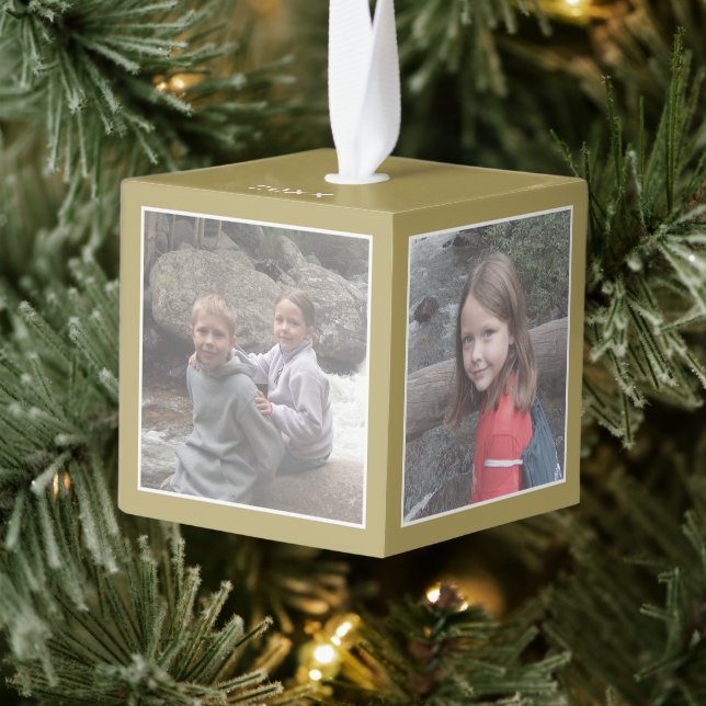 4 Photos plus Year - minimal gold border Cube Ornament (Tree)