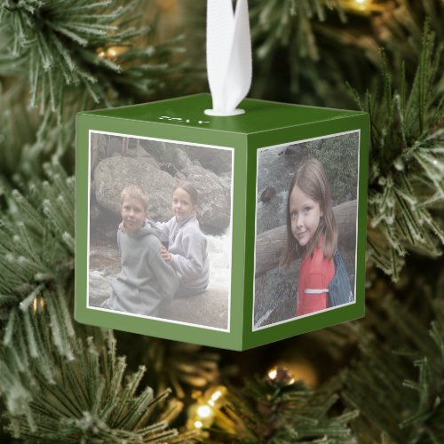 4 Photos plus Year - minimal green border Cube Ornament
