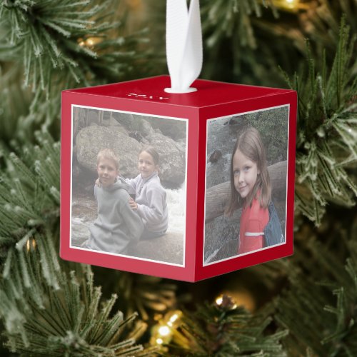 4 Photos plus Year - minimal red border Cube Ornament