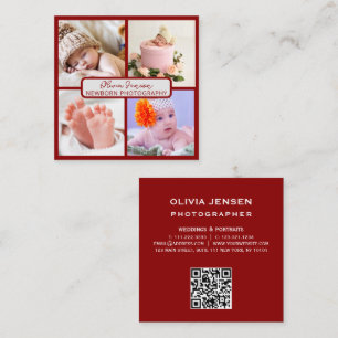 4 Photos QR Code Newborn Baby Photographer  Square Business Card