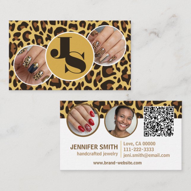 4 Photos QR Code Template Leopard Print Rockabilly Business Card (Front/Back)