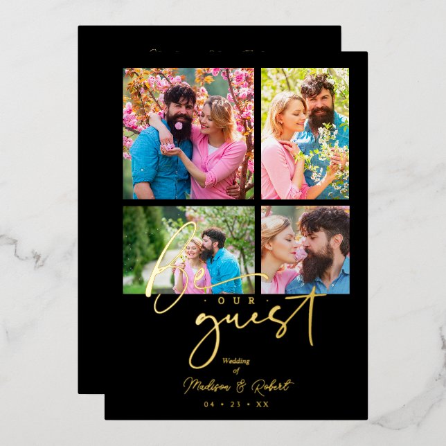 4 photos Real Golden Black Trendy Collage Wedding Foil Invitation (Front/Back)