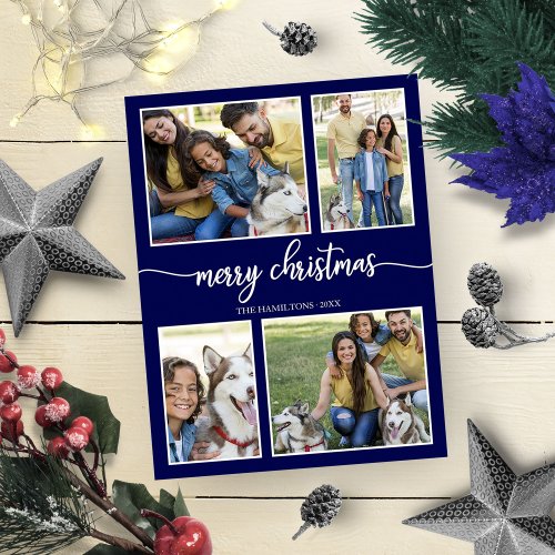 4 Photos Simple Collage Merry Christmas Blue Postcard