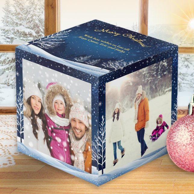 4 Photos Snow Scene Blue Night Sky Merry Christmas Cube (A beautiful Christmas cube to personalize with four of your own photos and a custom message)