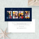 4 Photos White Script Navy Blue Merry Christmas Holiday Card<br><div class="desc">4 Photos White Script Navy Blue Merry Christmas. Available digitally and printed. Modern and minimalist,  with a stylish set script for Merry Christmas. Replace the sample pictures with your own fun pictures and personalise the rest of the words on each side as required.</div>