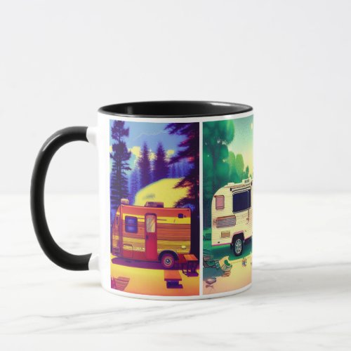 4 picture camping trailer relaxing scene coffee mu mug